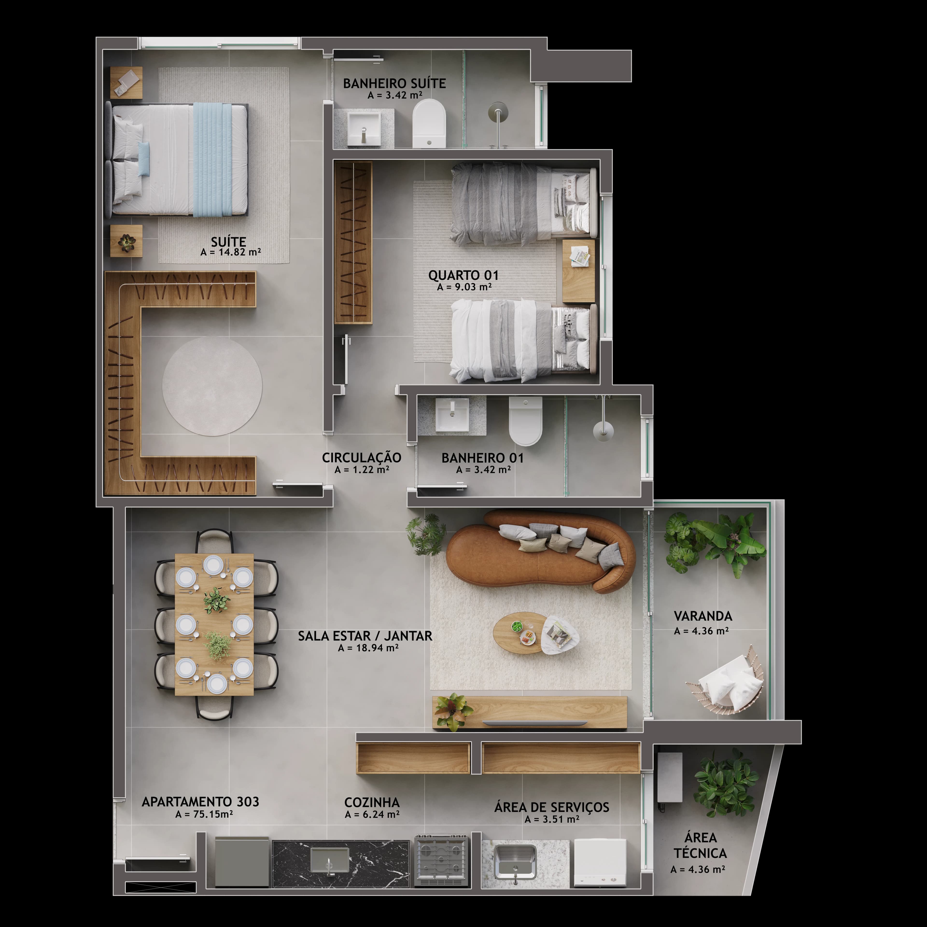 Planta baixa de Apartamento Tipo 03